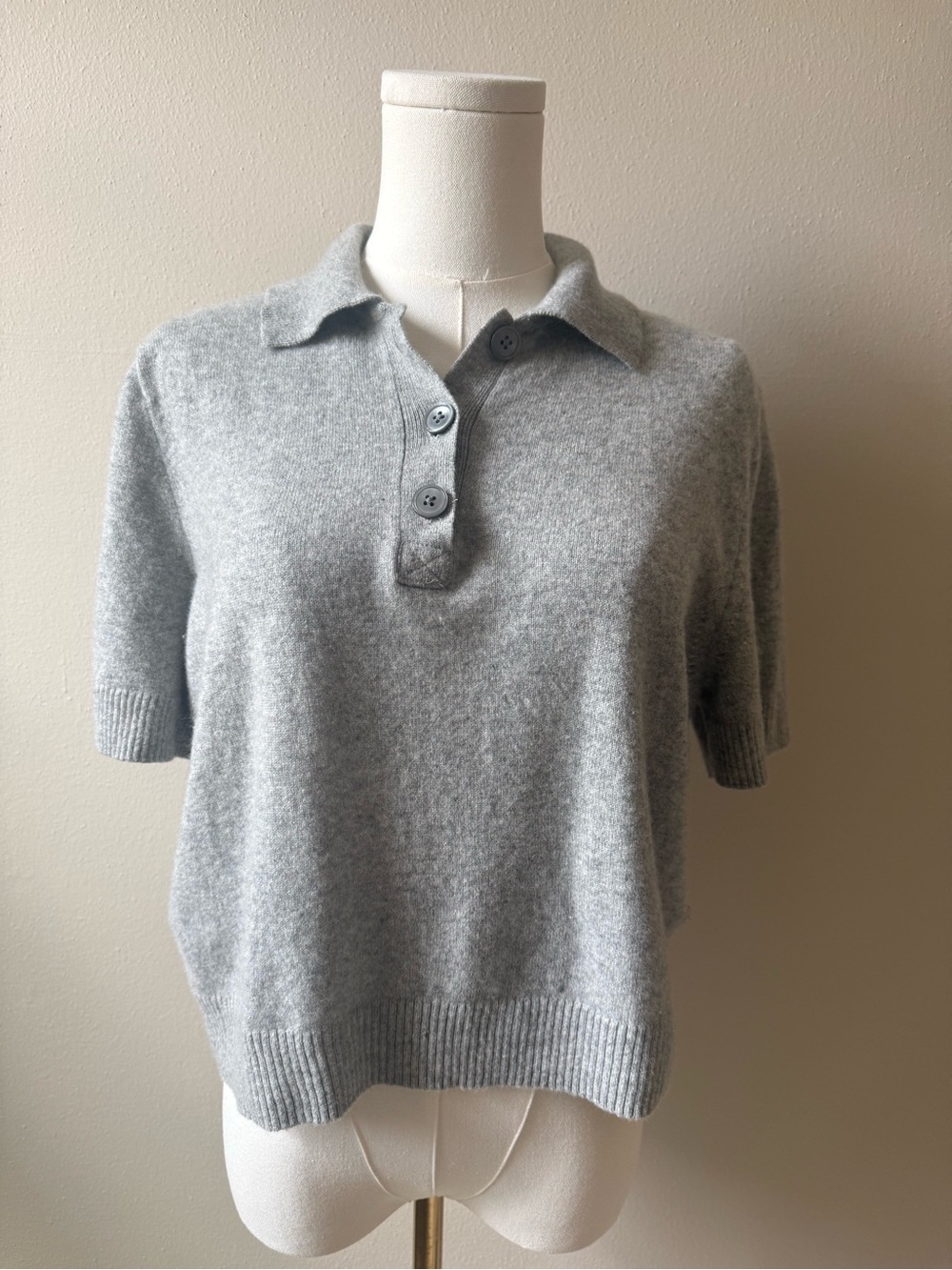 J. Crew Light Gray Short-Sleeve 100% Cashmere Soft Polo Sweater Preppy L